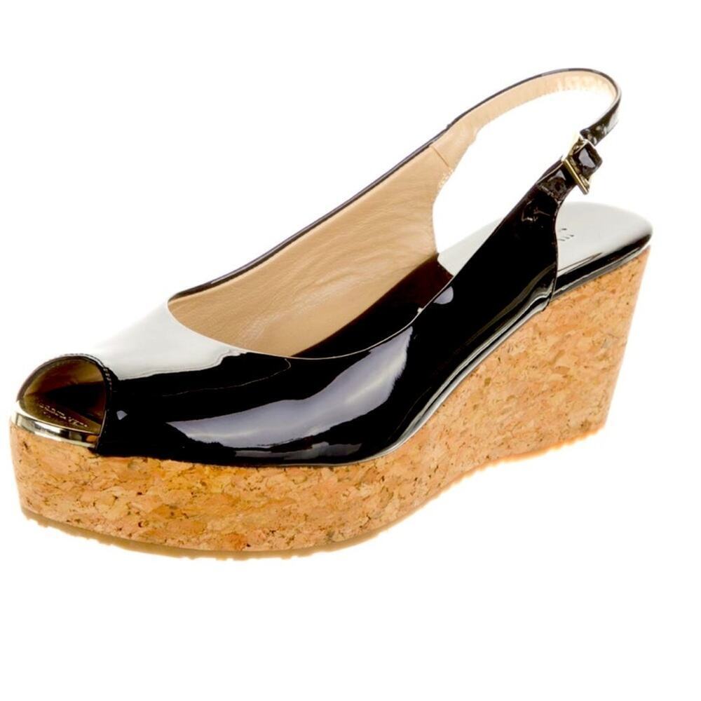 NWOB AUTHENTIC JIMMY CHOO PROVA CORK SANDAL 39.5 BLACK PATENT LEATHER